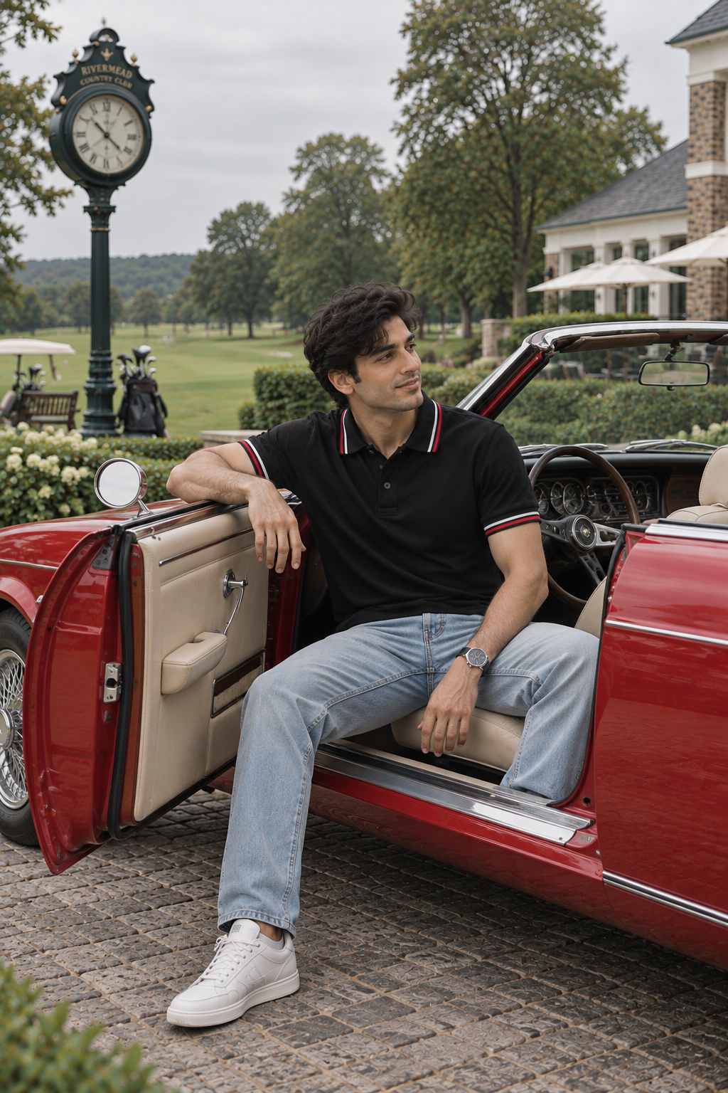 Men’s Black Polo T-Shirt with Red and White Stripes