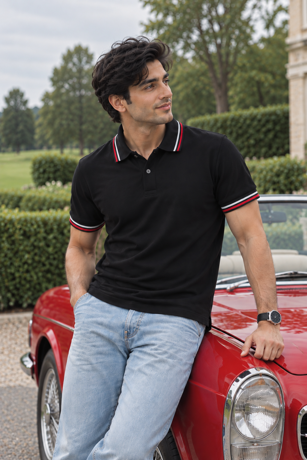 Men’s Black Polo T-Shirt with Red and White Stripes