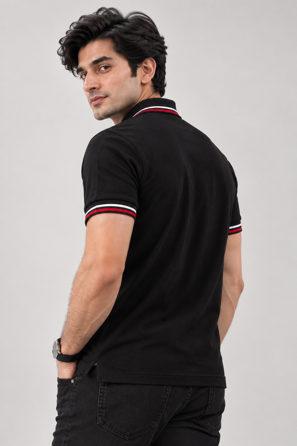 Men’s Black Polo T-Shirt with Red and White Stripes