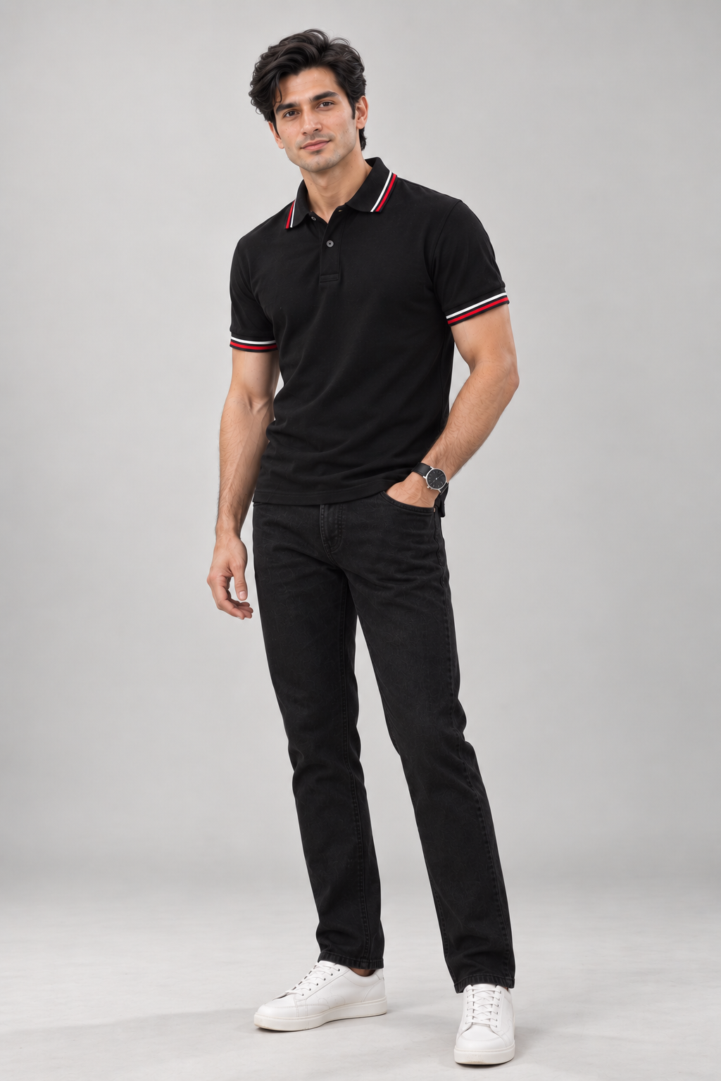 Men’s Black Polo T-Shirt with Red and White Stripes