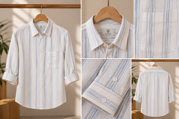 White & Blue Striped Regular Fit Pure Cotton Shirt for Men | U3 Fashion