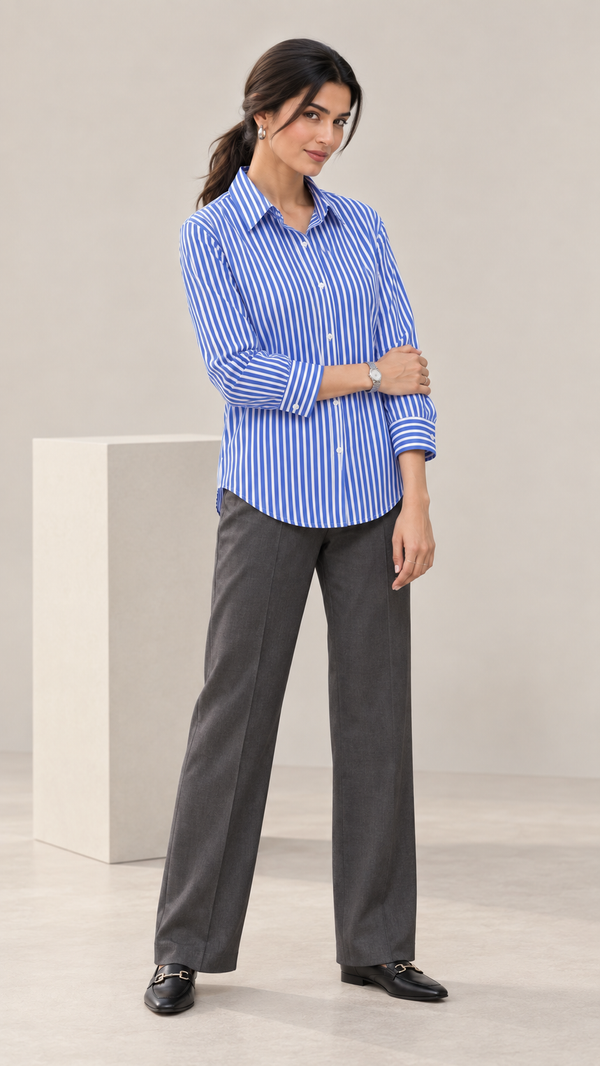 Women’s Royal Blue Striped Cotton Shirt | Relaxed Fit