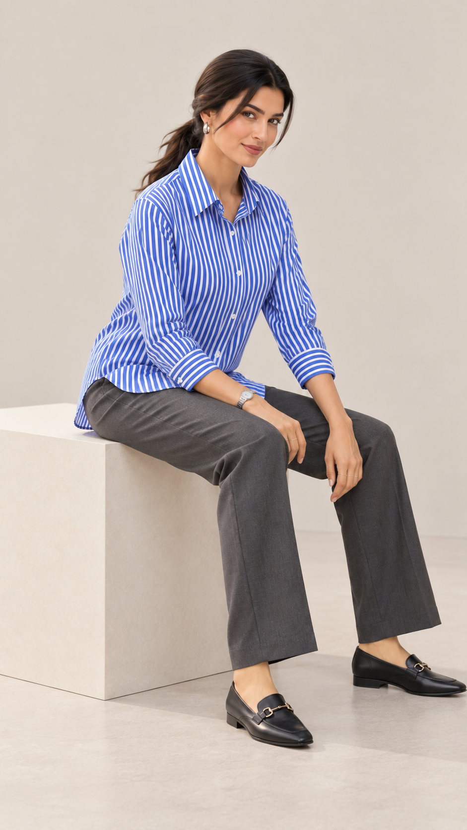 Women’s Royal Blue Striped Cotton Shirt | Relaxed Fit