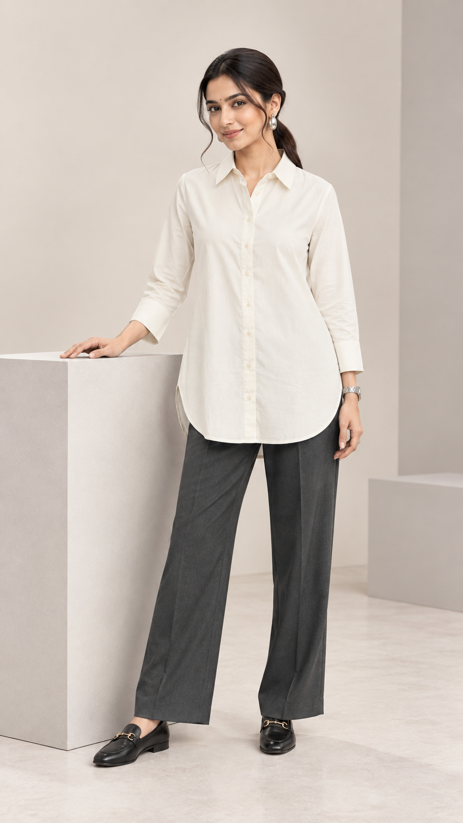Women’s Cream Cotton-Viscose Kurti Style Shirt | Relaxed Fit