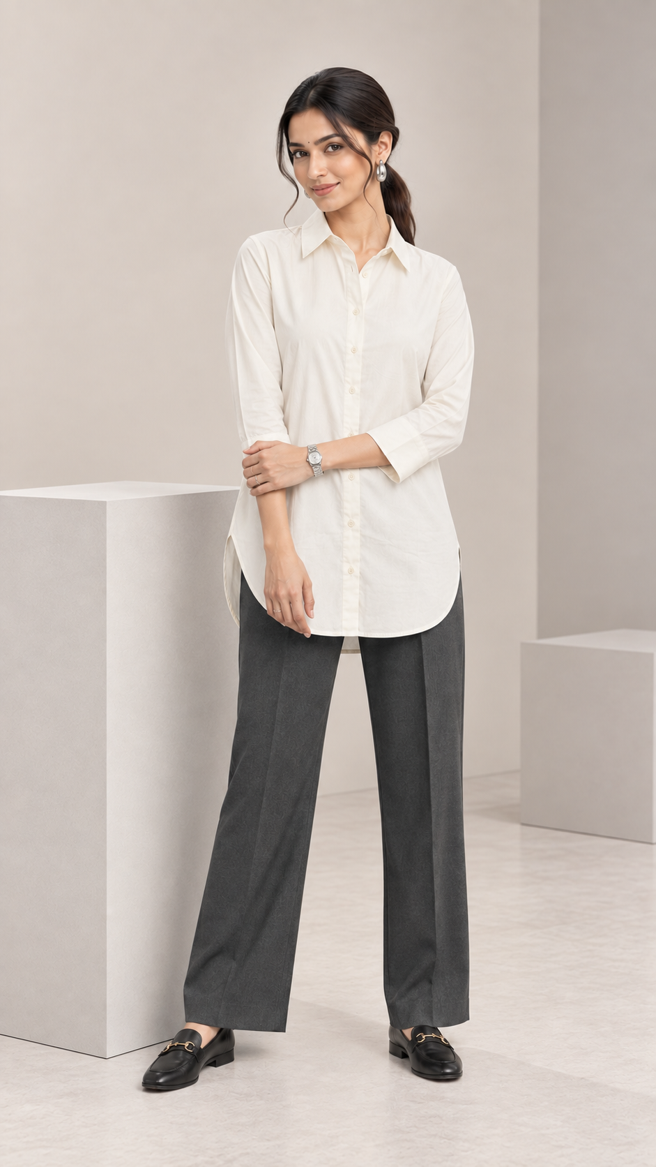 Women’s Cream Cotton-Viscose Kurti Style Shirt | Relaxed Fit