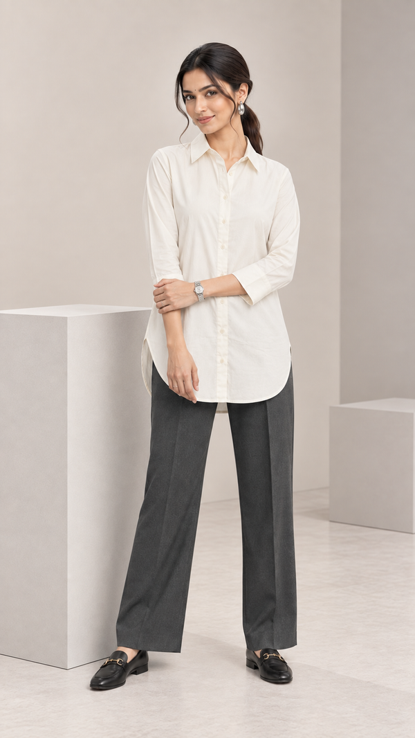 Women’s Cream Cotton-Viscose Kurti Style Shirt | Relaxed Fit