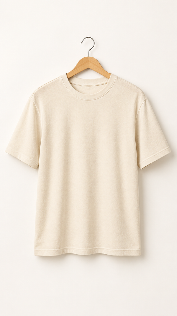 Men’s Solid Off White Cotton Terry Stretch T-Shirt | Shoulder Drop