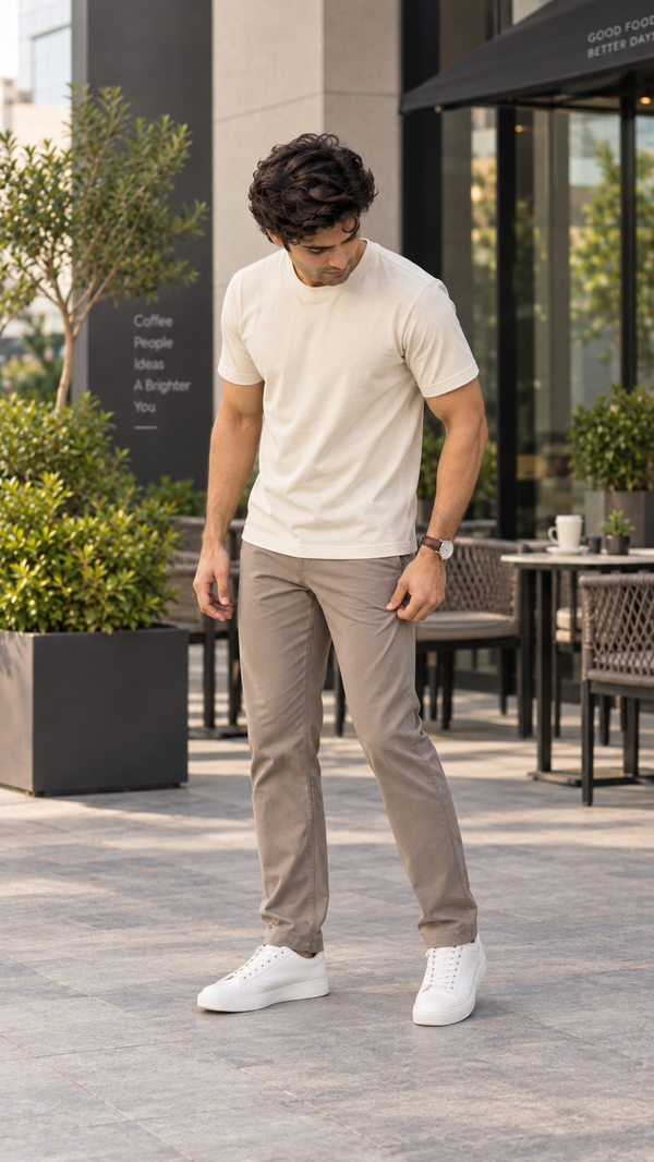 Men’s Solid Off White Cotton Terry Stretch T-Shirt | Shoulder Drop