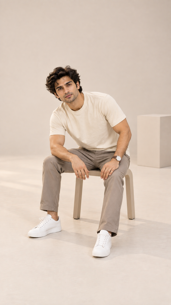 Men’s Solid Off White Cotton Terry Stretch T-Shirt | Shoulder Drop