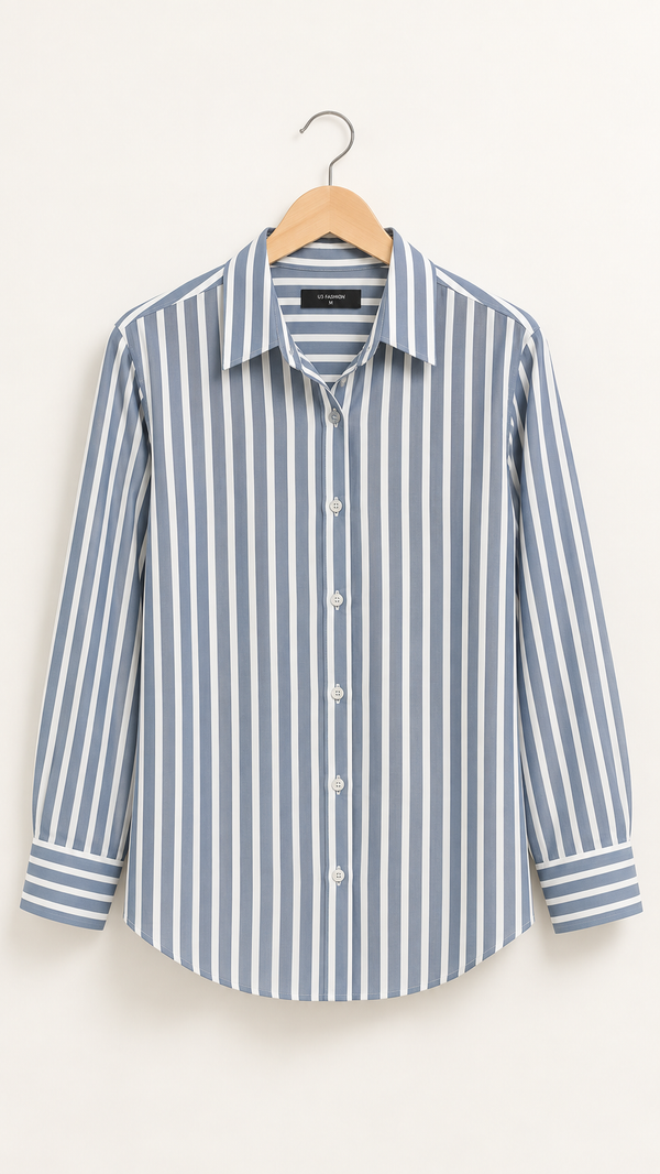 Women’s Dusty Blue & White Striped Rayon Shirt | Relaxed Fit