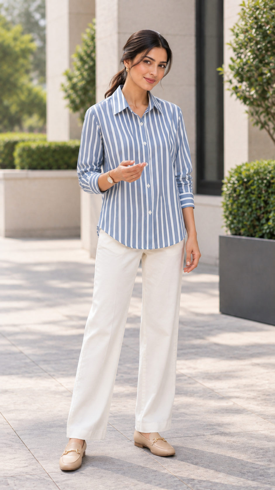 Women’s Dusty Blue & White Striped Rayon Shirt | Relaxed Fit