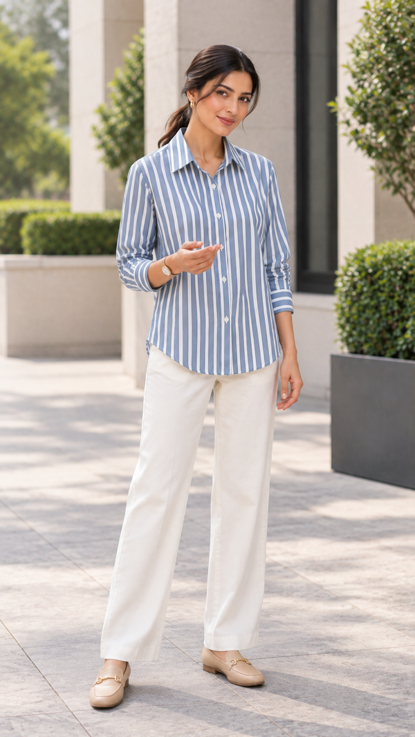 Women’s Dusty Blue & White Striped Rayon Shirt | Relaxed Fit