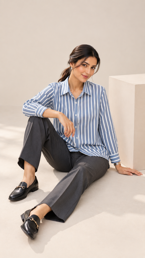 Women’s Dusty Blue & White Striped Rayon Shirt | Relaxed Fit