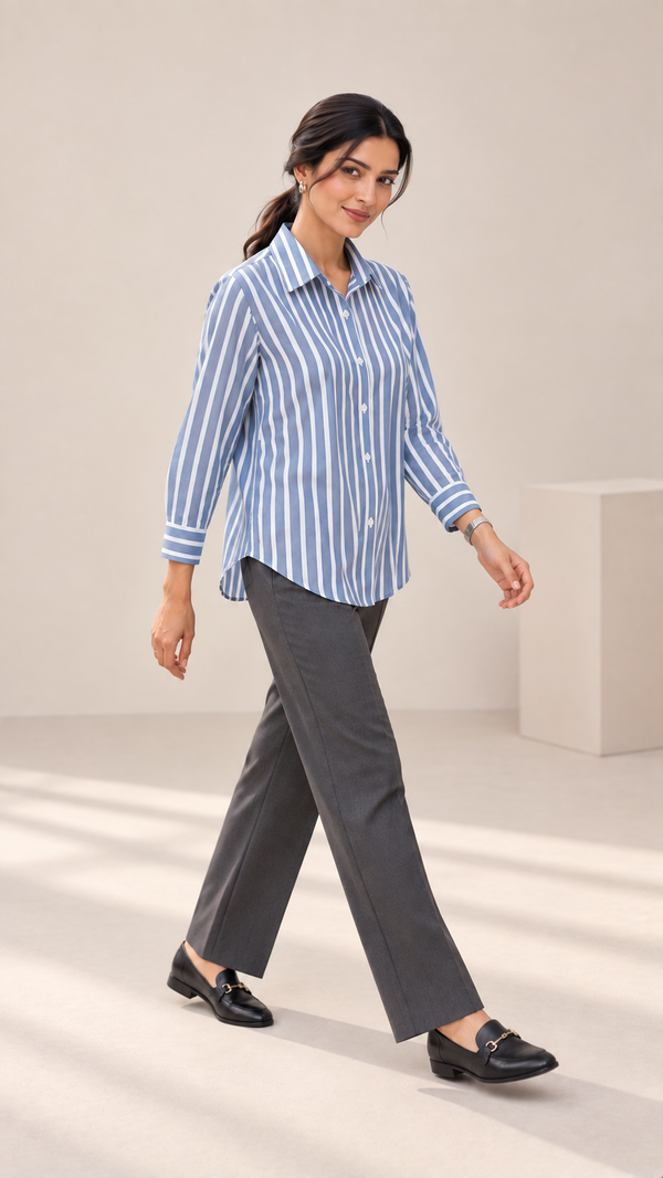 Women’s Dusty Blue & White Striped Rayon Shirt | Relaxed Fit