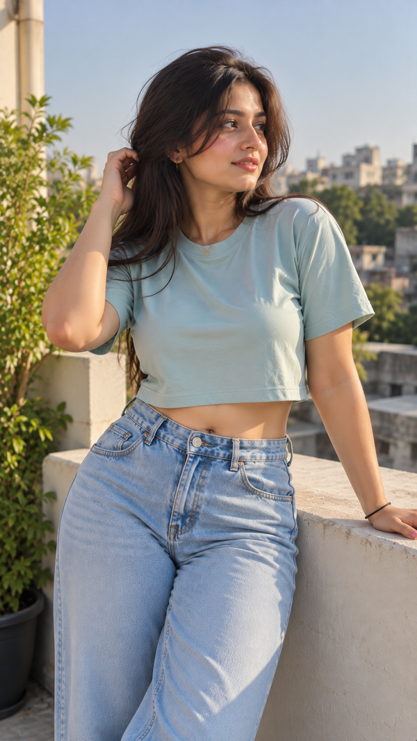 Sage Green Boxy Fit Crew Neck Crop Top for Women