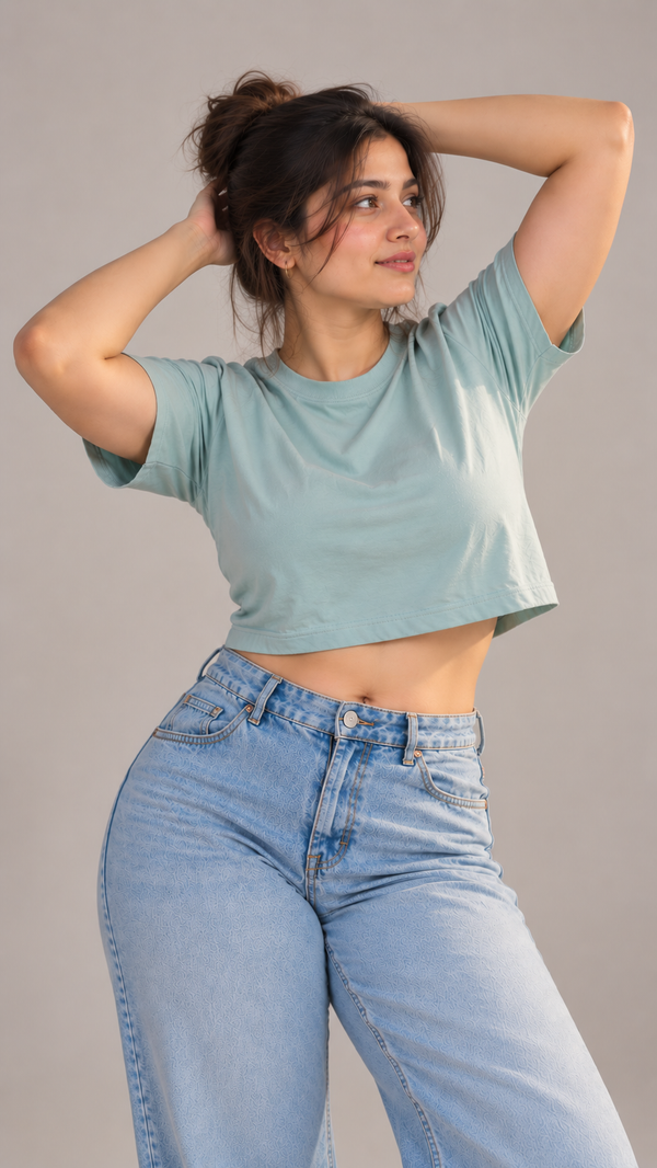Sage Green Boxy Fit Crew Neck Crop Top for Women