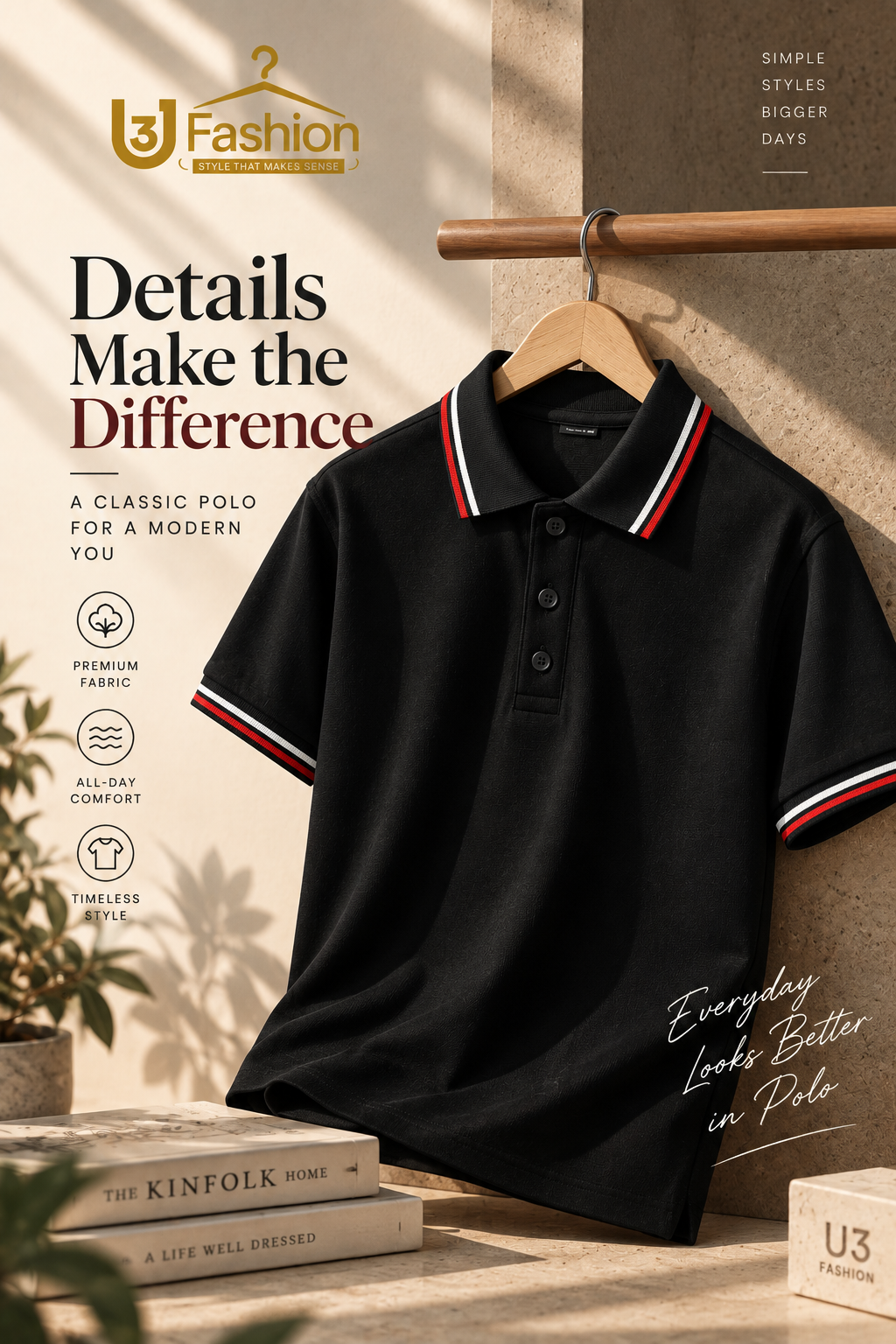 Men’s Black Polo T-Shirt with Red and White Stripes