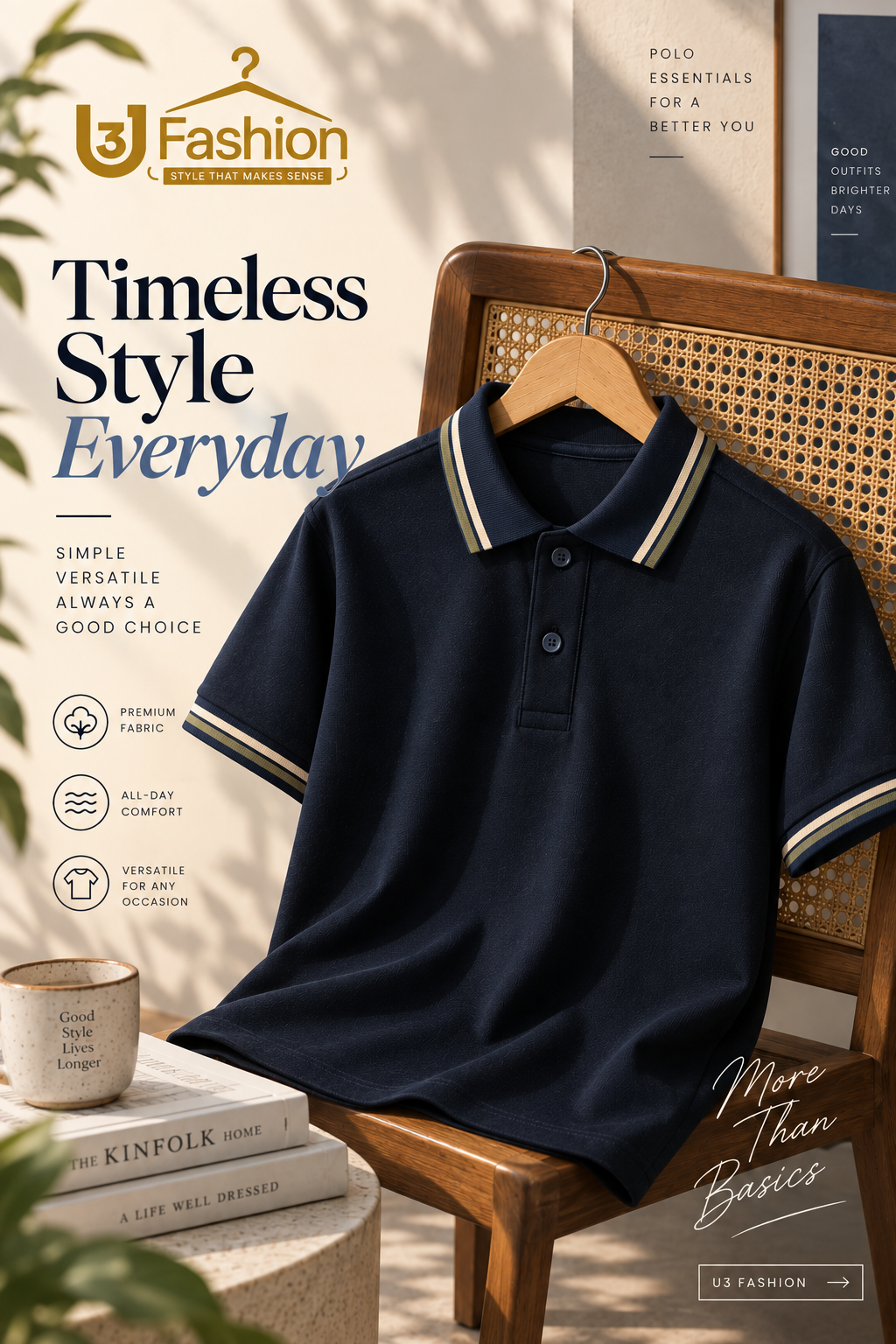 Men’s Navy Blue Polo T-Shirt with Beige and Olive Green Stripes