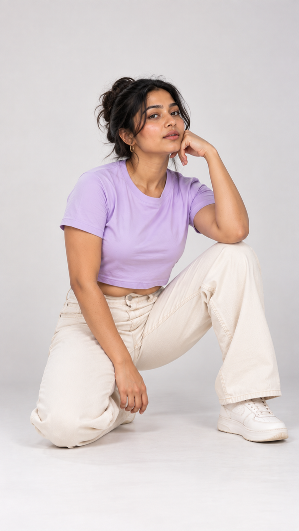 Women's Lavender Boxy Fit Crew Neck Crop T-shirt