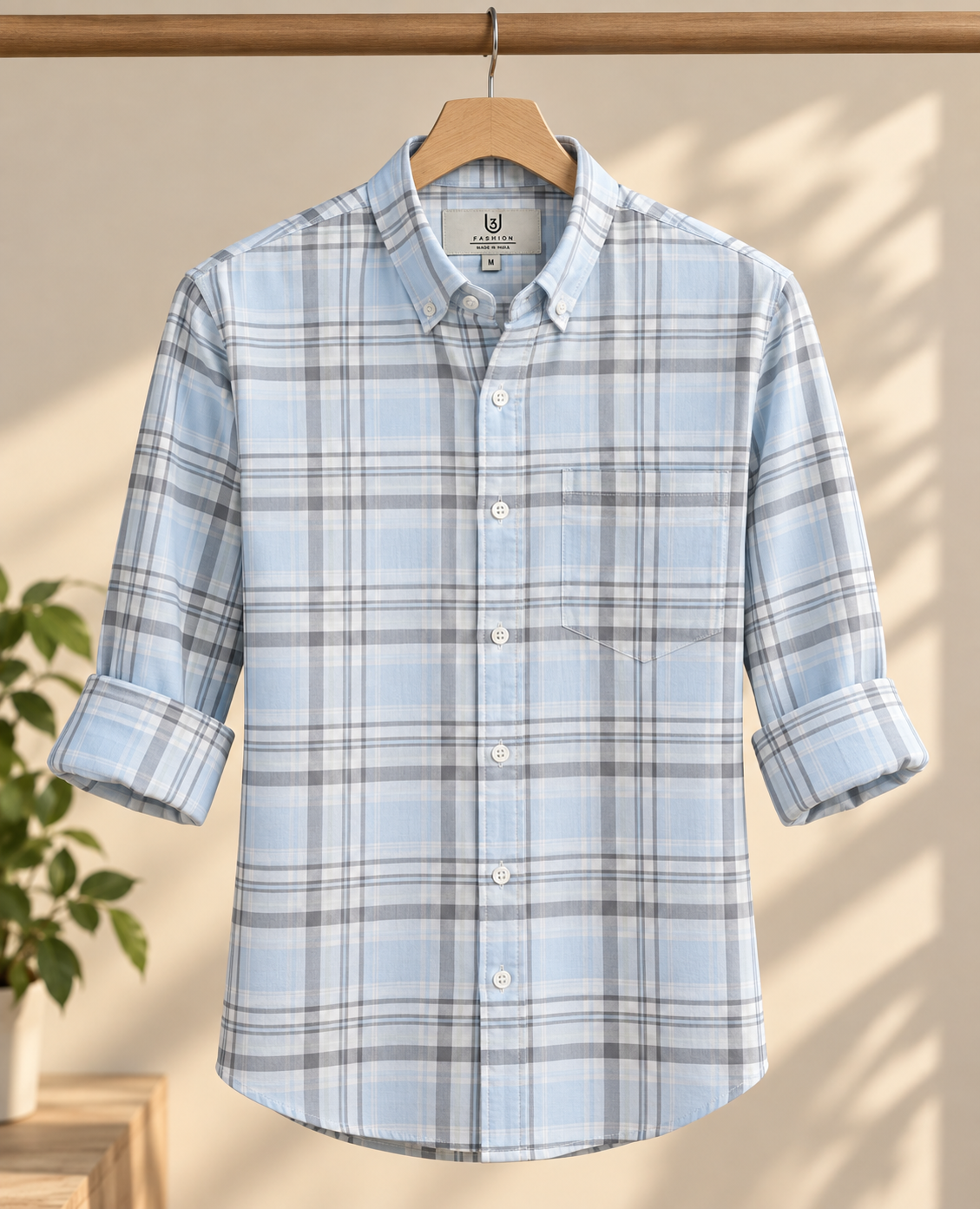 Men’s Light Blue Checked 100% Cotton Shirt | Regular Fit