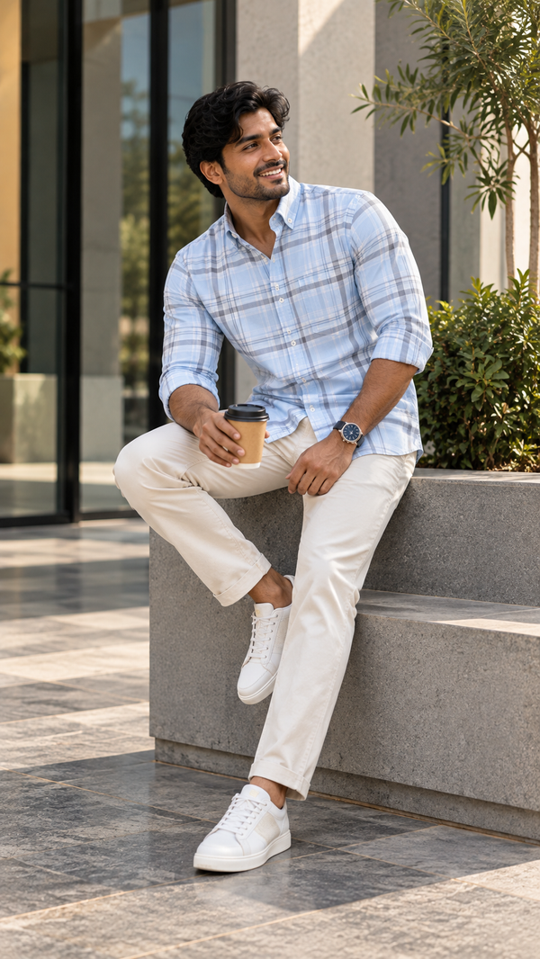 Men’s Light Blue Checked 100% Cotton Shirt | Regular Fit