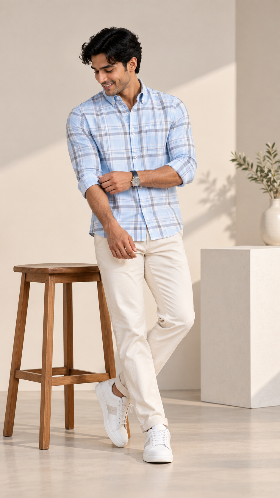 Men’s Light Blue Checked 100% Cotton Shirt | Regular Fit