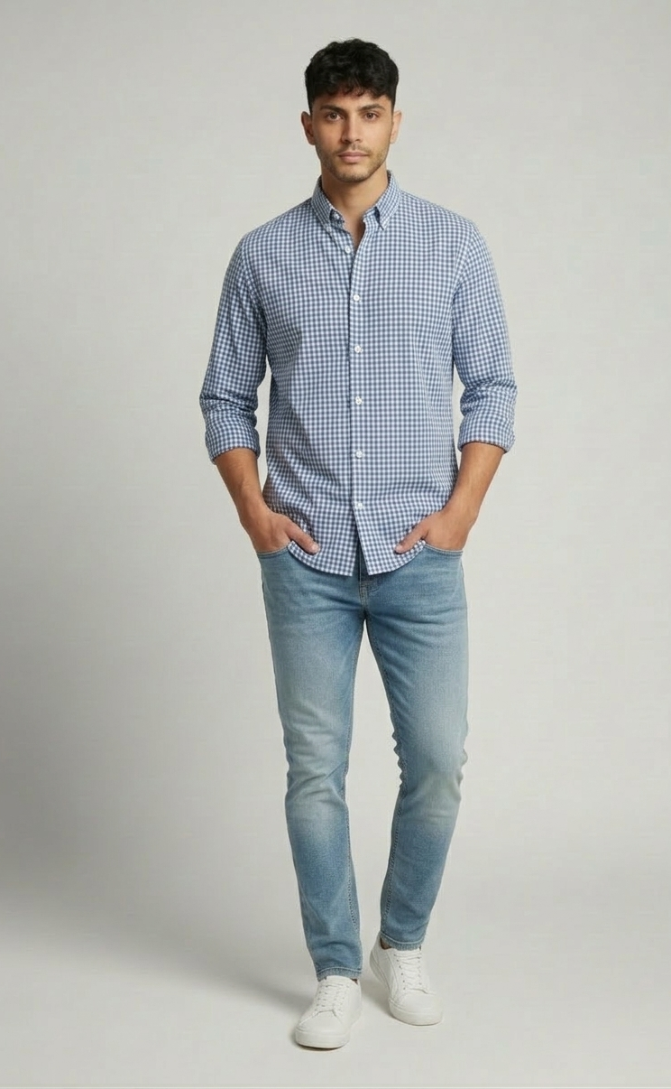 Sky Blue Micro Check Shirt - Modern Smart Fit