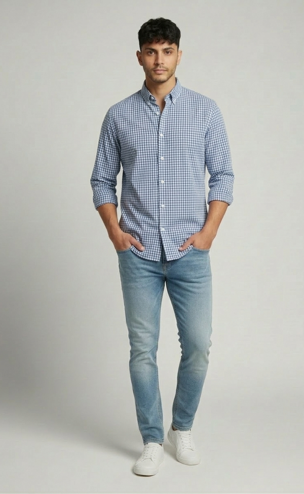 Sky Blue Micro Check Shirt - Modern Smart Fit