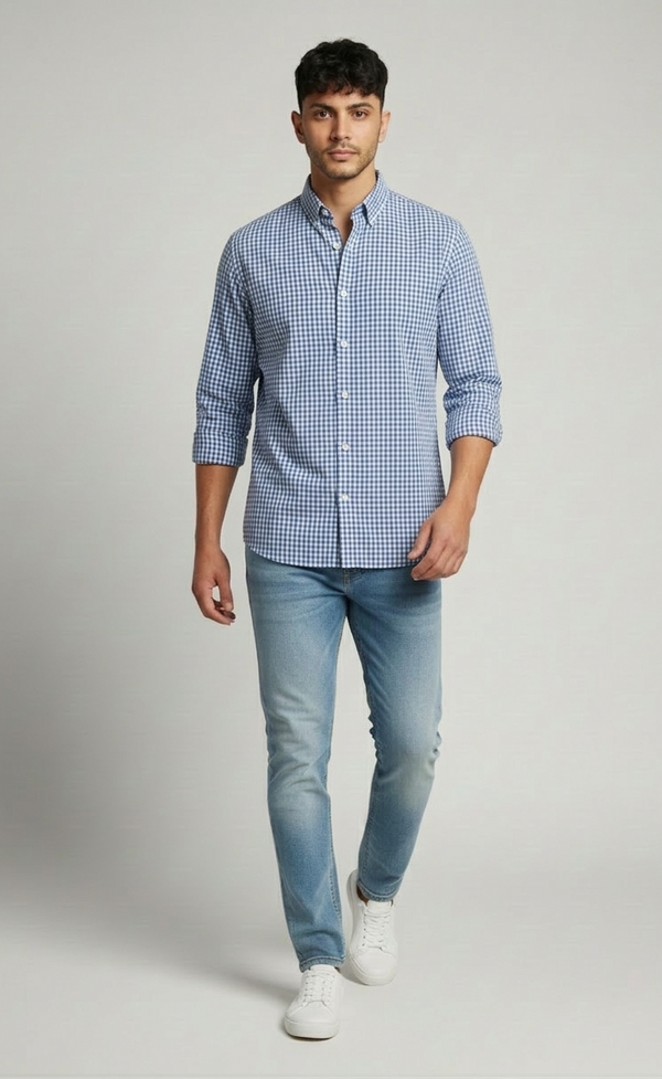 Sky Blue Micro Check Shirt - Modern Smart Fit
