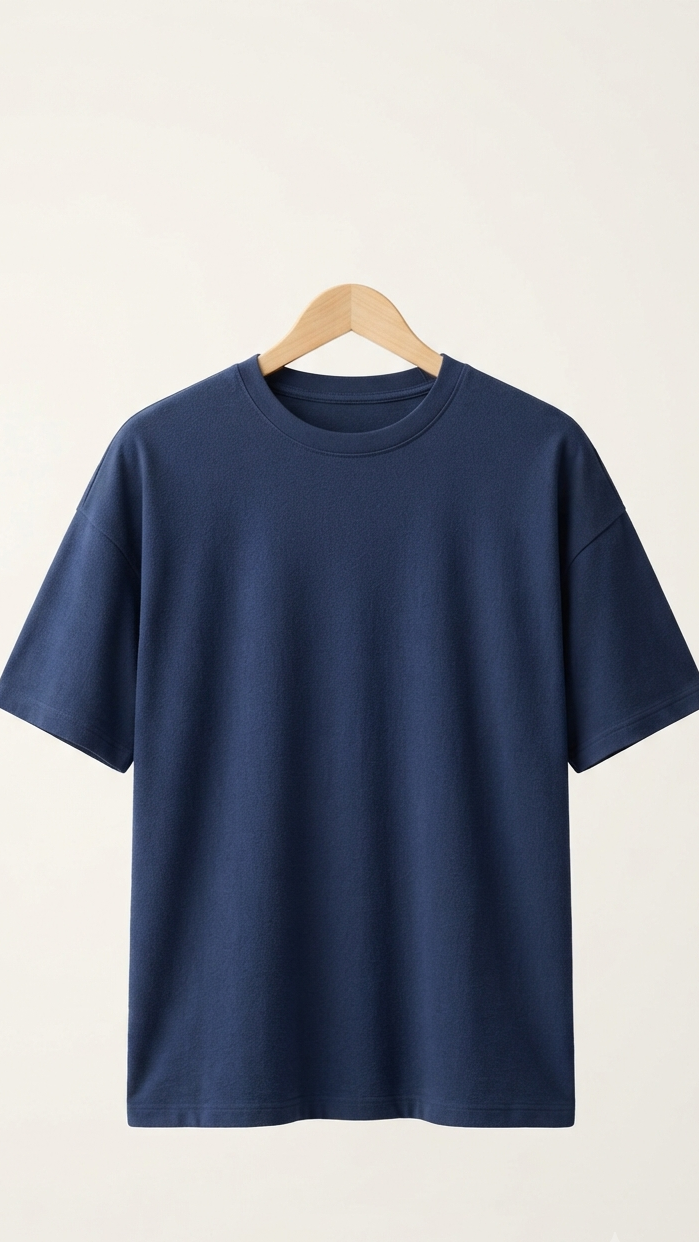 Men’s Solid Navy Blue Cotton Terry Stretch T-Shirt | Shoulder Drop