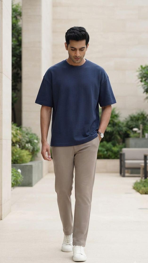 Men’s Solid Navy Blue Cotton Terry Stretch T-Shirt | Shoulder Drop