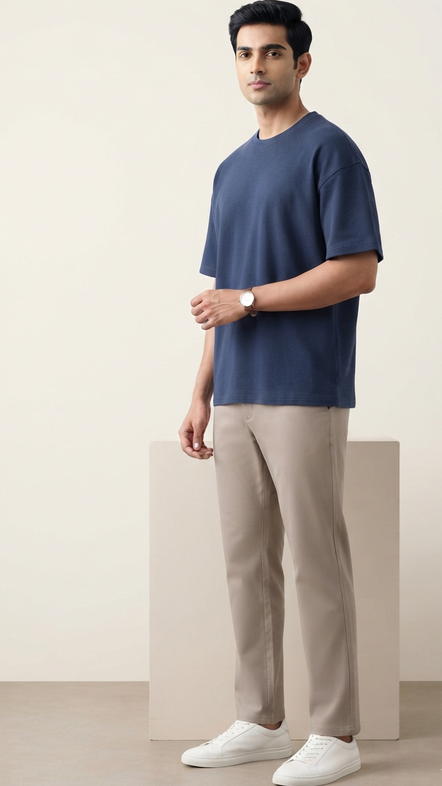 Men’s Solid Navy Blue Cotton Terry Stretch T-Shirt | Shoulder Drop