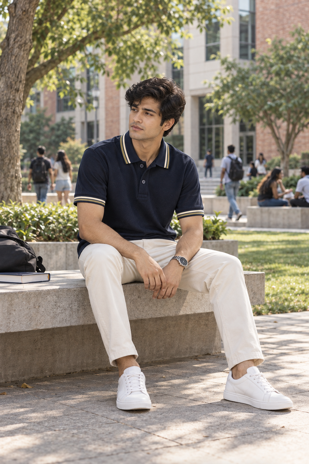 Men’s Navy Blue Polo T-Shirt with Beige and Olive Green Stripes