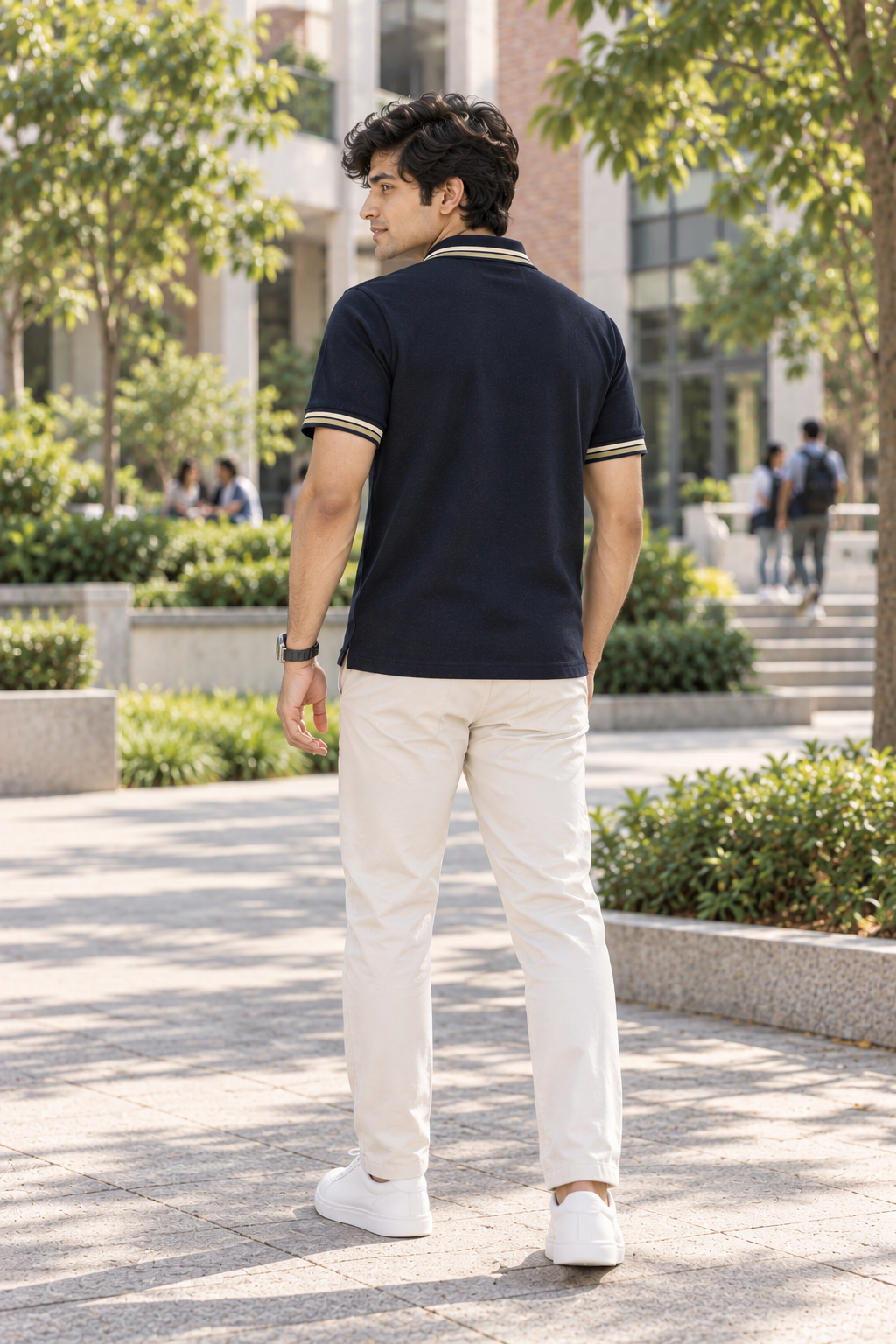 Men’s Navy Blue Polo T-Shirt with Beige and Olive Green Stripes