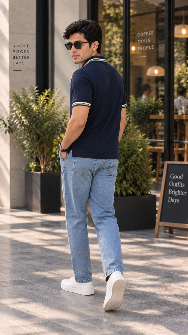 Men’s Navy Blue Polo T-Shirt with Beige and Olive Green Stripes