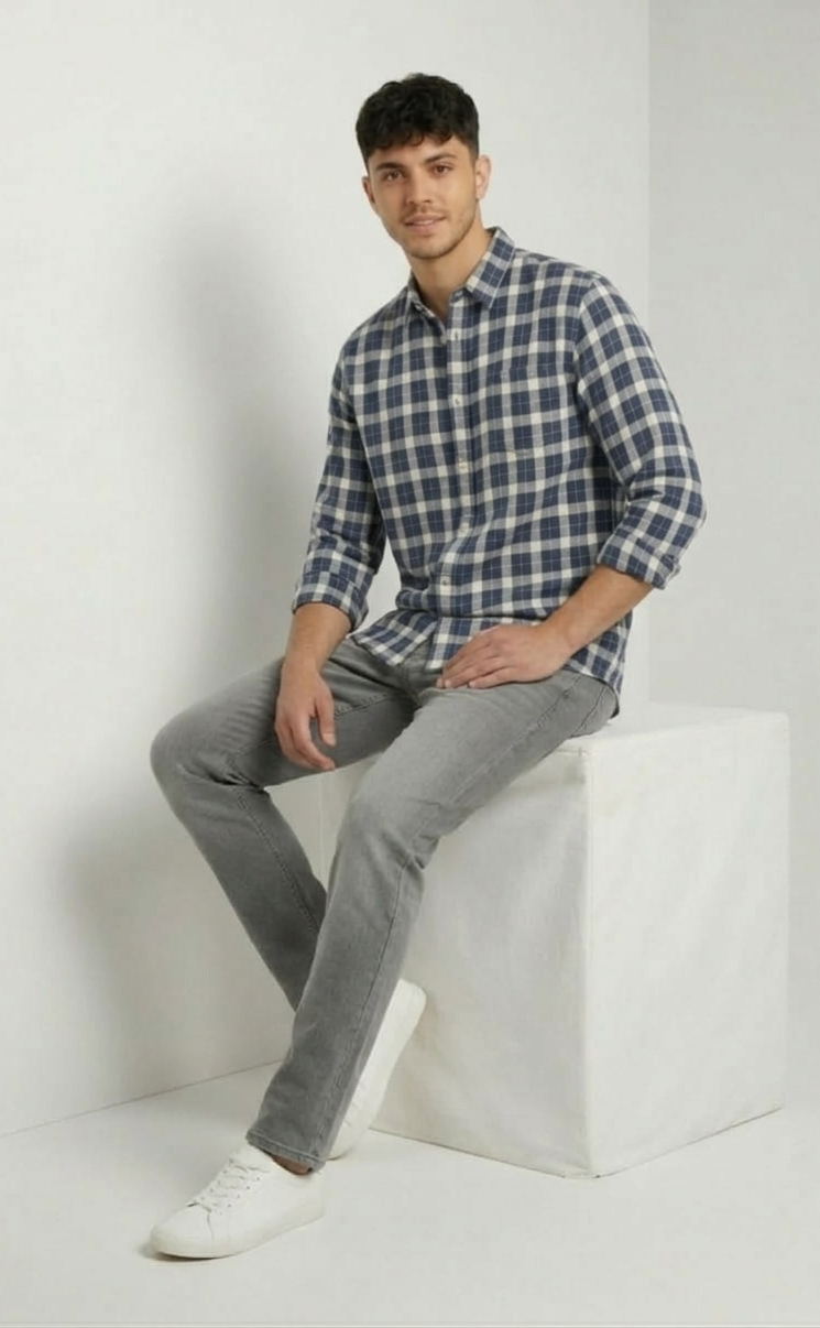 Navy Blue & Grey Check Shirt – Relaxed Smart Wear