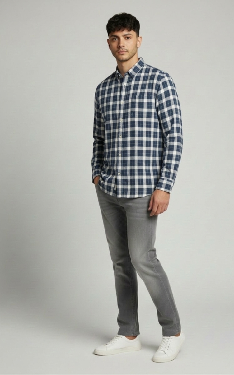 Navy Blue & Grey Check Shirt – Relaxed Smart Wear