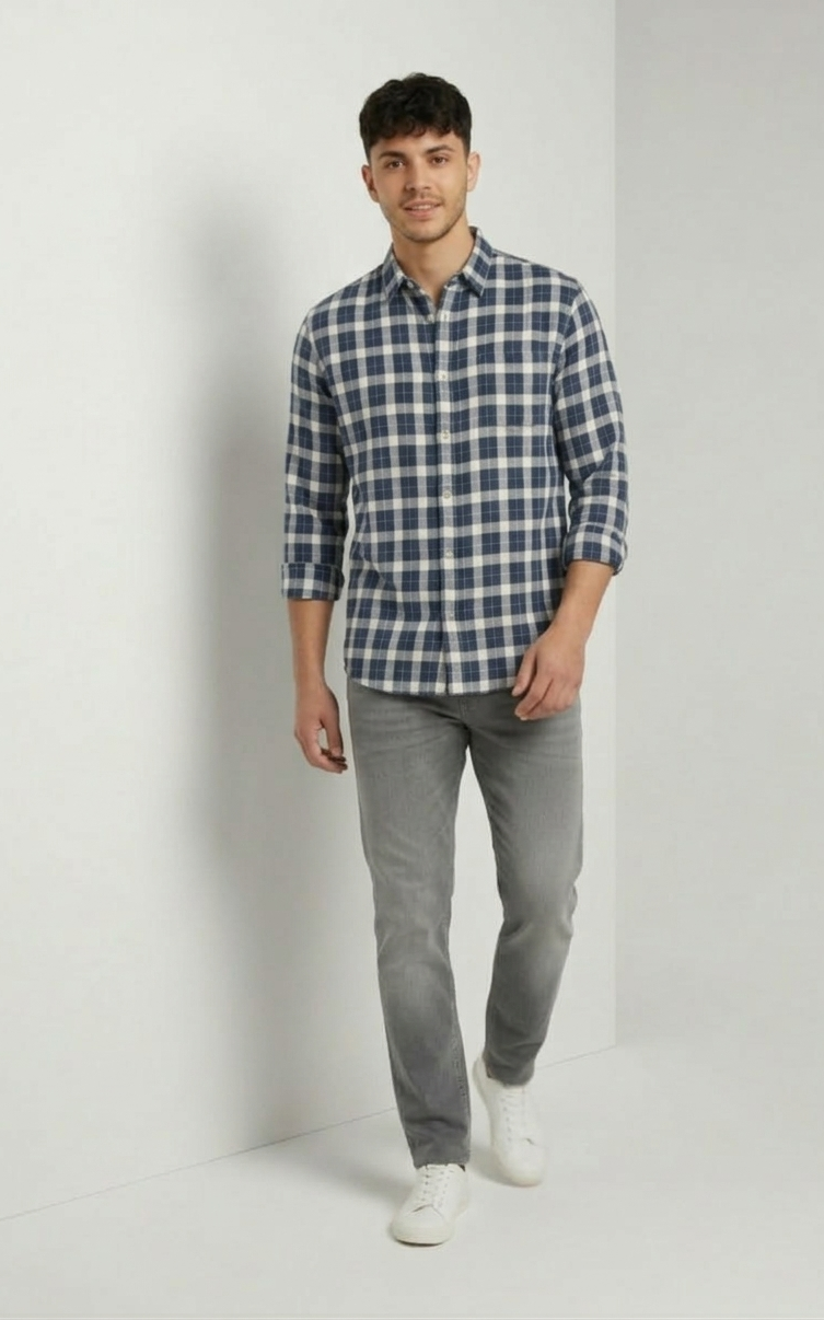 Navy Blue & Grey Check Shirt – Relaxed Smart Wear