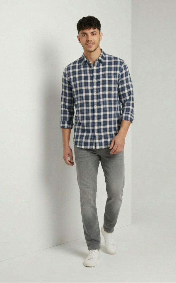Navy Blue & Grey Check Shirt – Relaxed Smart Wear
