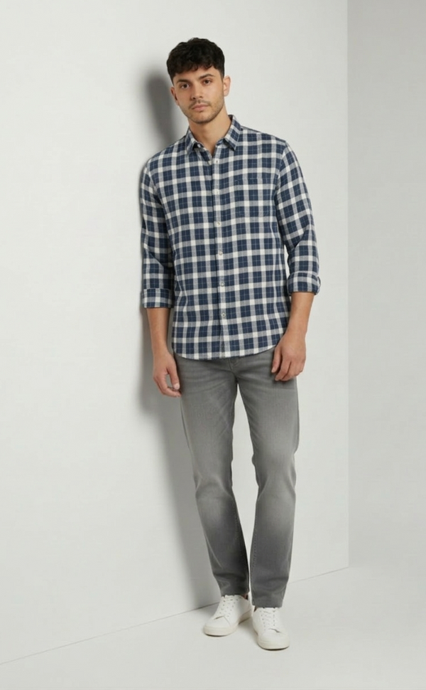 Navy Blue & Grey Check Shirt – Relaxed Smart Wear