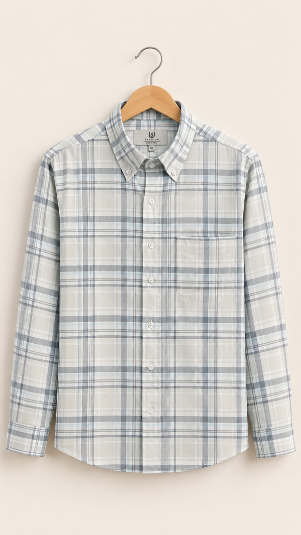 Men’s Off-White & Muted Blue Checked 100% Cotton Shirt | Regular Fit