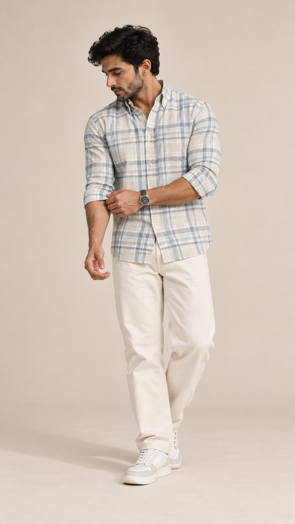 Men’s Off-White & Muted Blue Checked 100% Cotton Shirt | Regular Fit