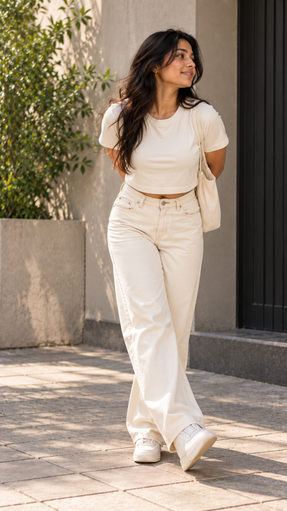 Women's Off-White Boxy Fit Crew Neck Crop Top