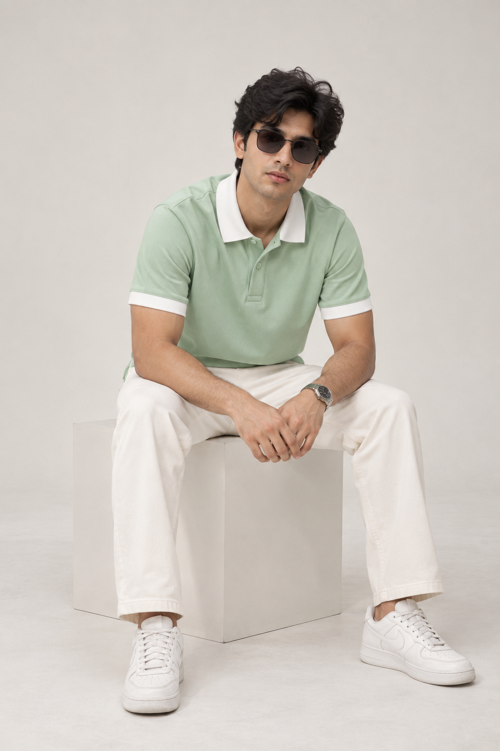 Men’s Pista Green Polo T-Shirt with White Contrast Collar