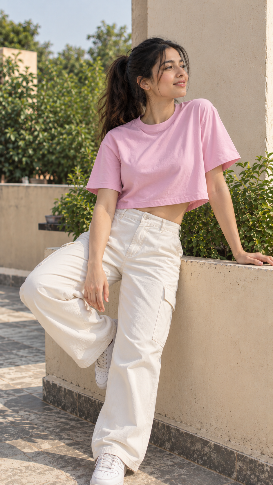 Women’s Pink Boxy Fit Crew Neck Crop Top