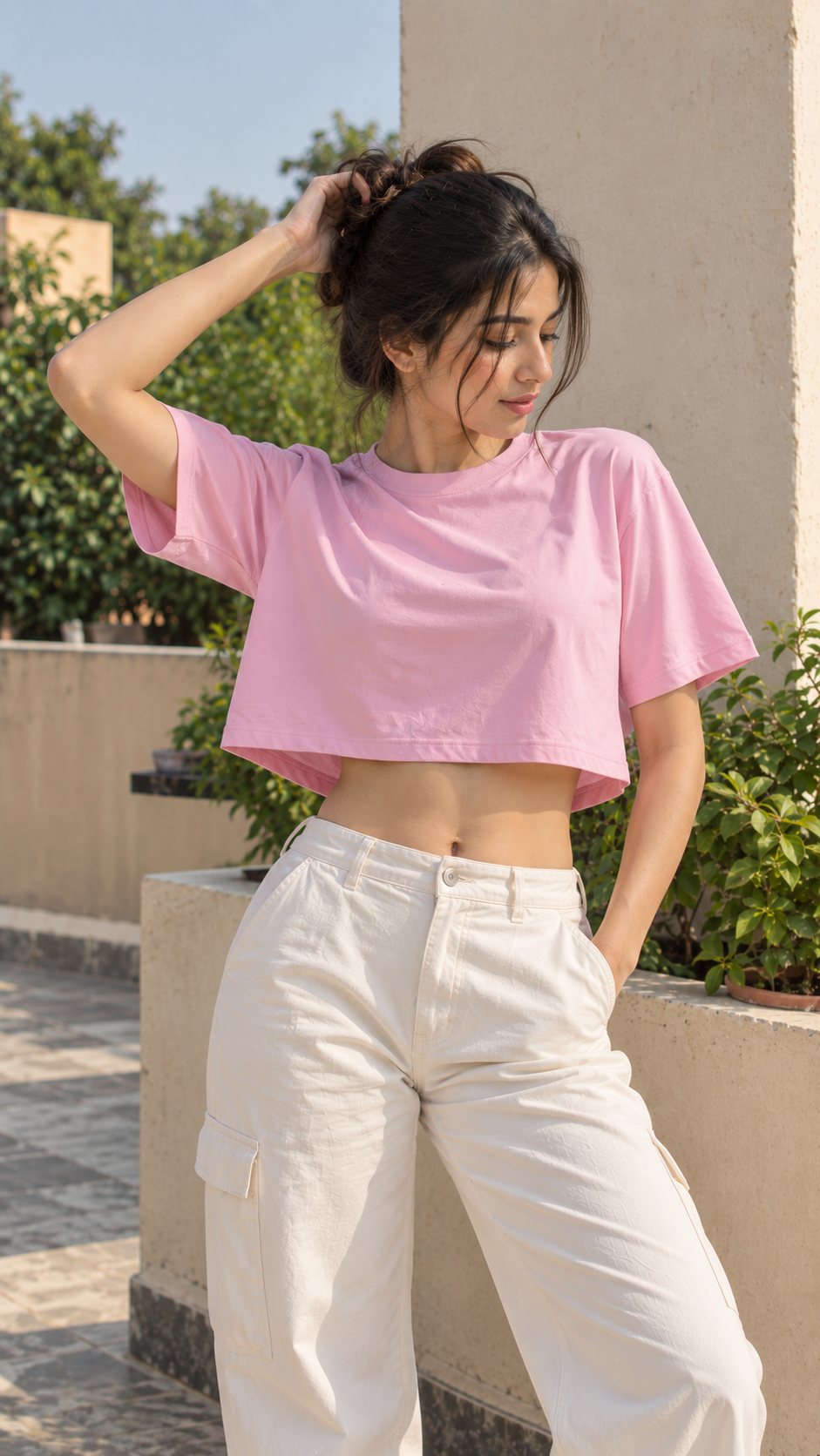 Women’s Pink Boxy Fit Crew Neck Crop Top