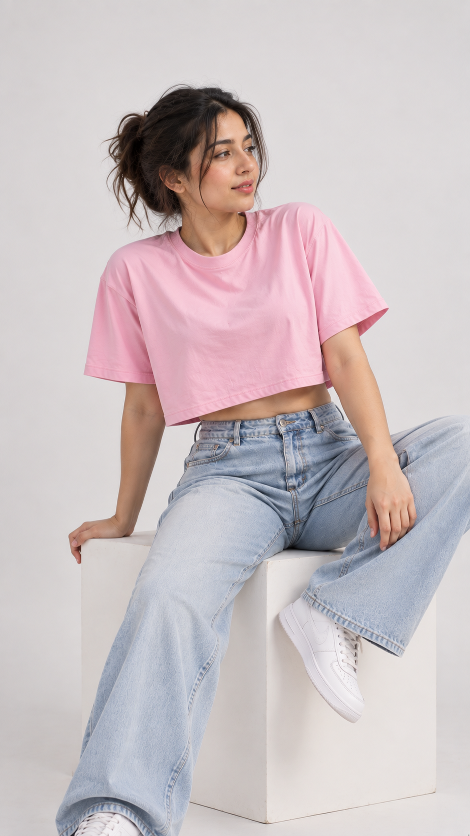 Women’s Pink Boxy Fit Crew Neck Crop Top