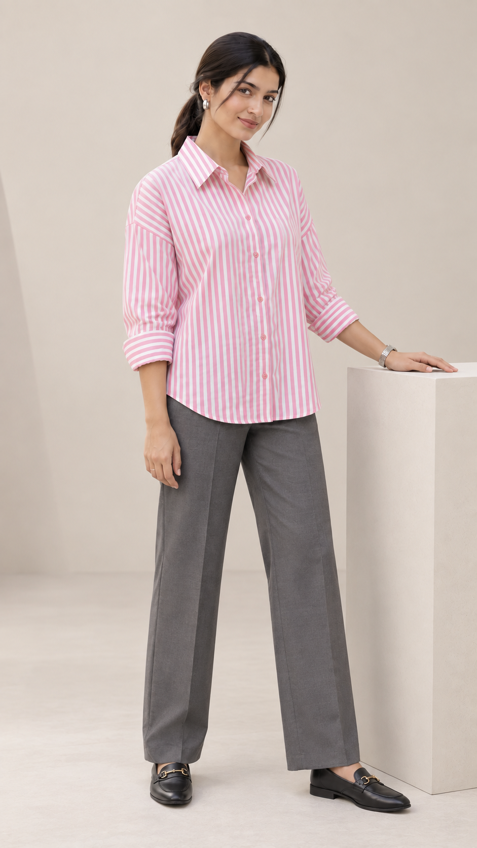Women’s Pink Striped Cotton Shirt | Drop Shoulder