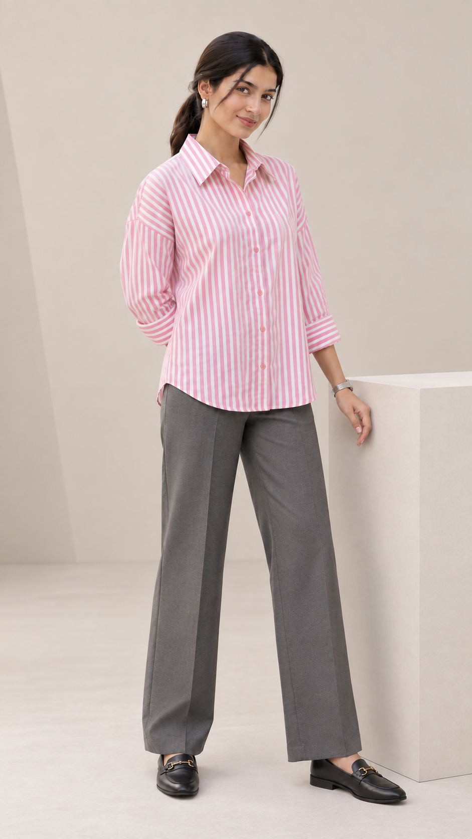 Women’s Pink Striped Cotton Shirt | Drop Shoulder