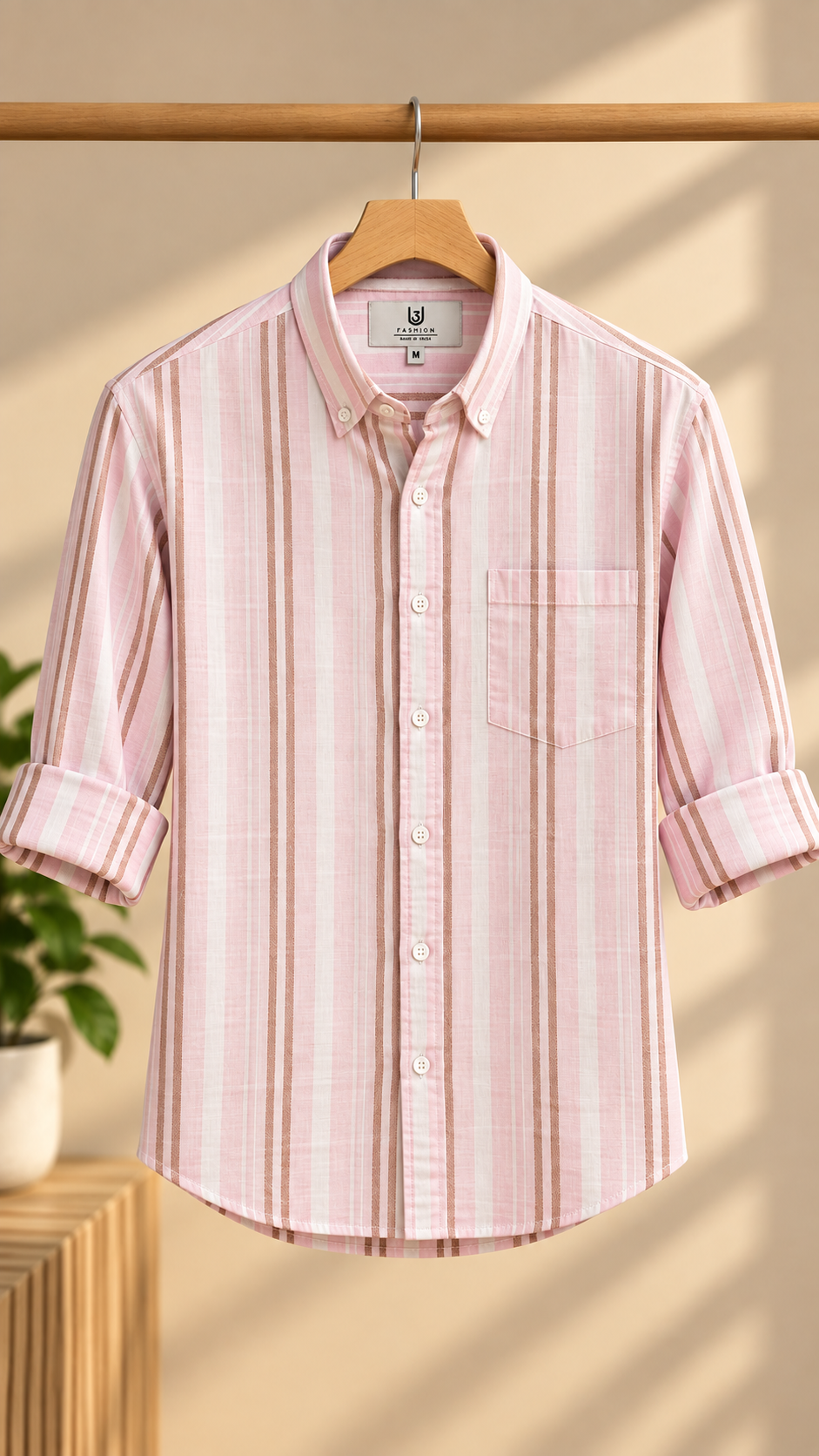 Men’s Pink, White & Brown Striped 100% Cotton Casual Shirt | Regular Fit